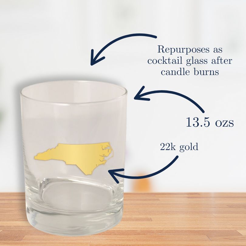 Lifestyle image showing a repurposed 13.5 oz glass with 22k gold North Carolina silhouette; arrows highlight that it can be used as a cocktail or Old Fashioned glass after the candle burns.