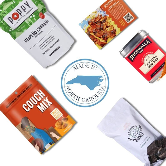 Spicy gourmet gift basket contents with jalapeno popcorn and North Carolina artisan treats for corporate