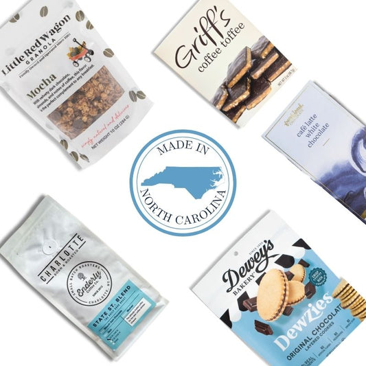 North Carolina gourmet coffee gift basket with artisan chocolate, toffee, and espresso beans