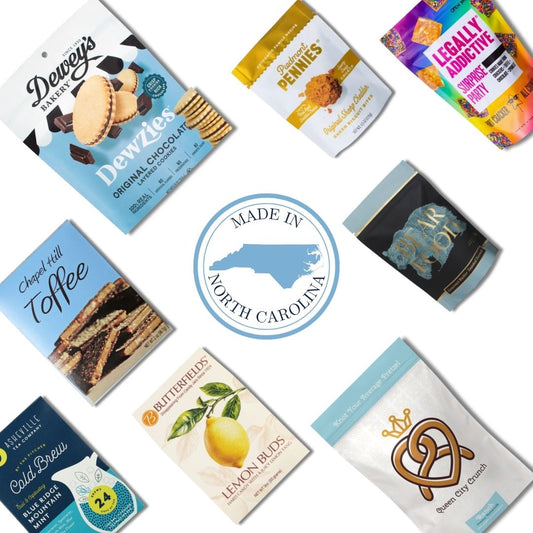 North Carolina artisan gift basket contents with Chapel Hill Toffee, tea, and gourmet treats