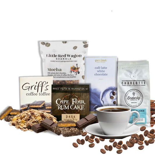Coffee and chocolate specialty foods from North carolina in a gourmet gift box