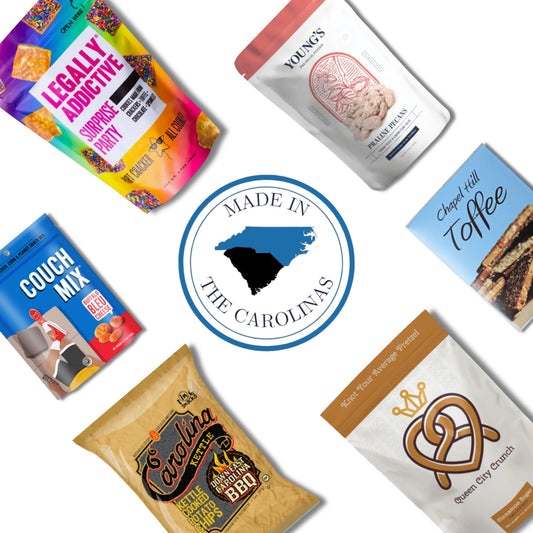 North Carolina gourmet gift basket contents with Chapel Hill Toffee, chocolate pecans, and Carolina artisan treats