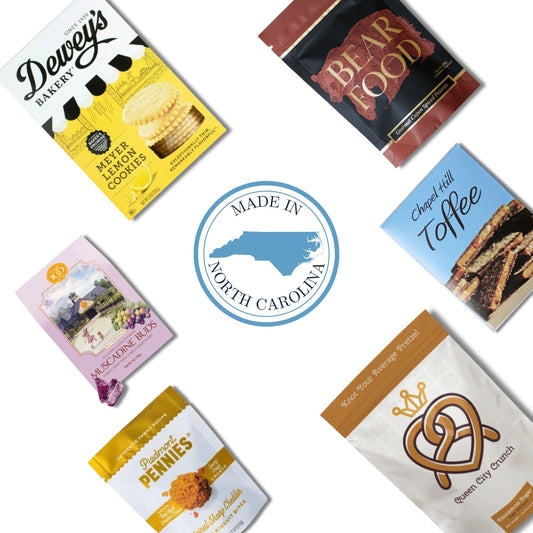 North Carolina gourmet gift basket contents with Chapel Hill Toffee, chocolate pecans, and Carolina artisan treats