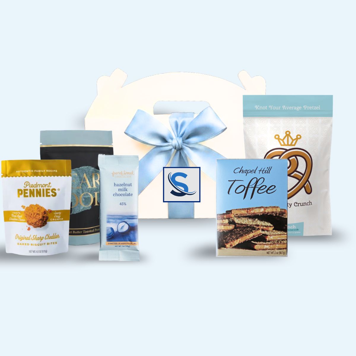 Custom logo branded Southern Welcome corporate event gift box with company label and light blue ribbo