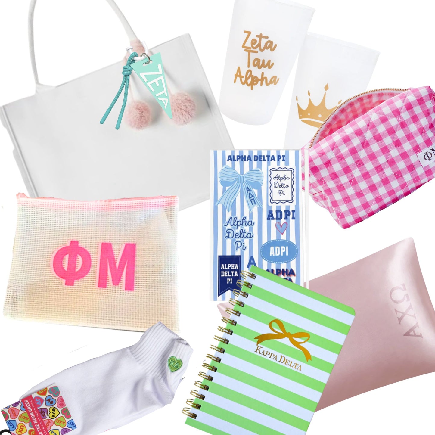 UNC Chapel Hill bid day gift items including sorority tote bag, gingham cosmetic bag, satin pillowcase, notebook, socks, and zip bag with sorority letters