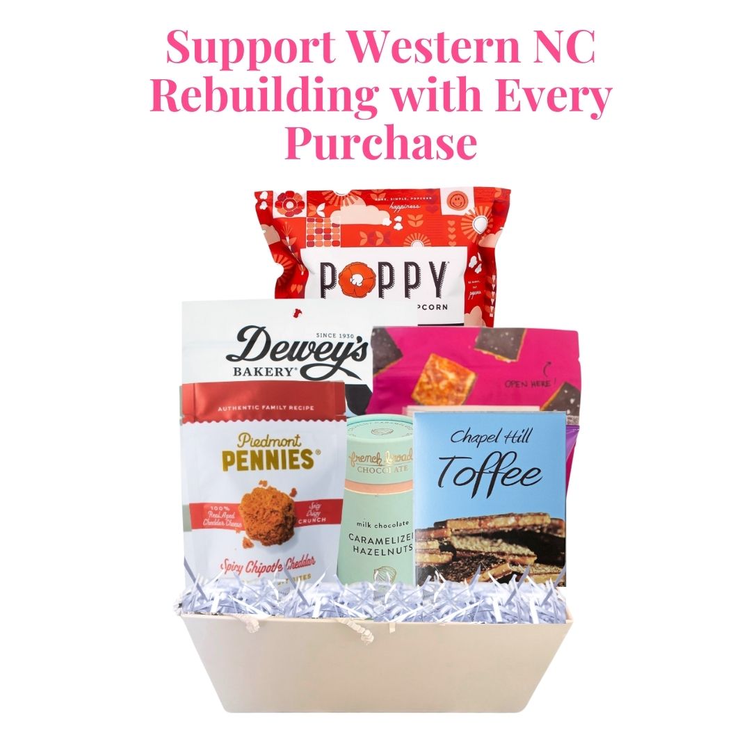 Valentine’s Day Gift Basket with NC-Made Gourmet Treats – Includes Poppy Cotton Candy Popcorn, French Broad Chocolate Hazelnuts, Dewey’s Cookies, and more.