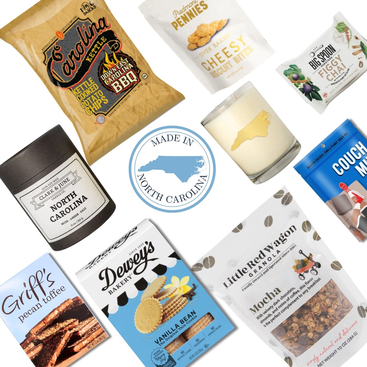 Flat lay image of the Welcome to North Carolina gift bag contents, featuring locally made snacks and a central Made in NC emblem highlighting artisan products.