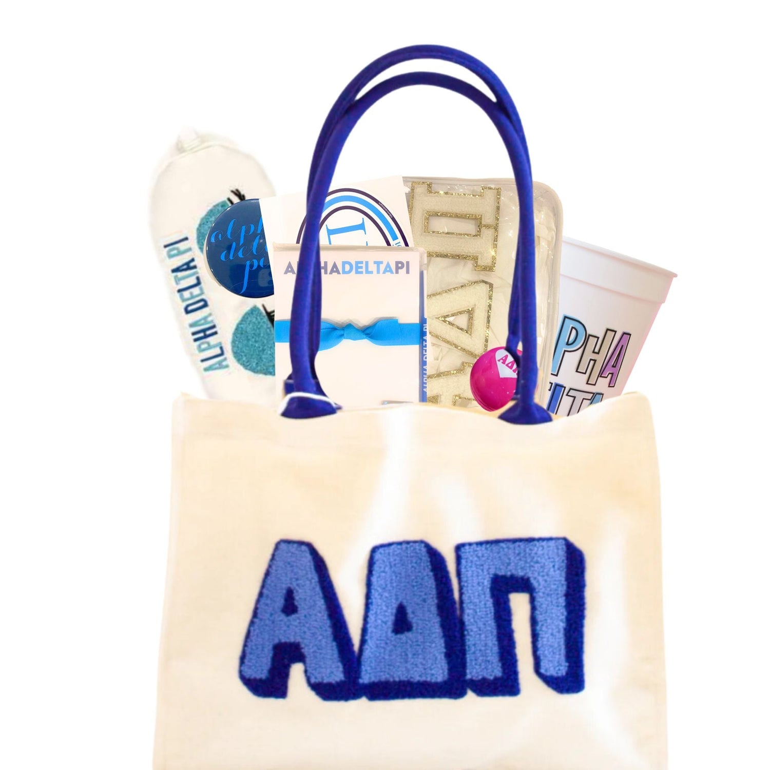Sorority tote bag filled with sorority gifts and accessories, perfect for sorority sisters at UNC Chapel Hill.