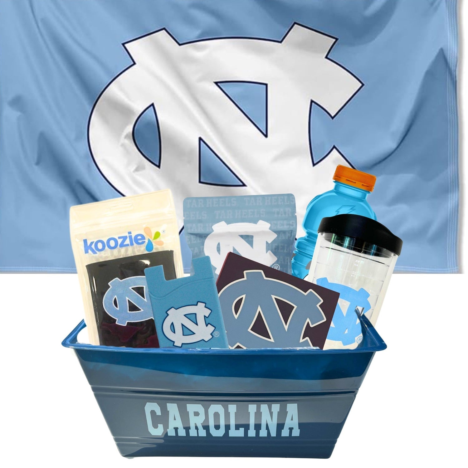 GDTBATH basket featuring a Carolina bucket filled with UNC-branded items, perfect for UNC fans and students.