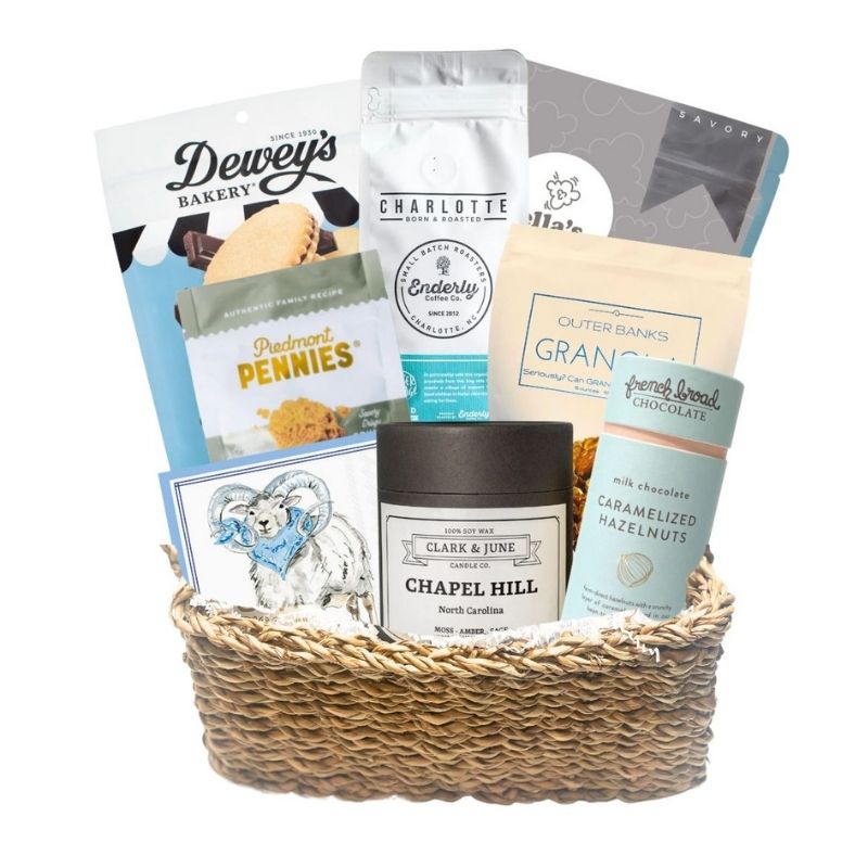 Gourmet NC gift basket filled with locally made North Carolina treats, perfect for gifting on special occasions or celebrating the flavors of North Carolina