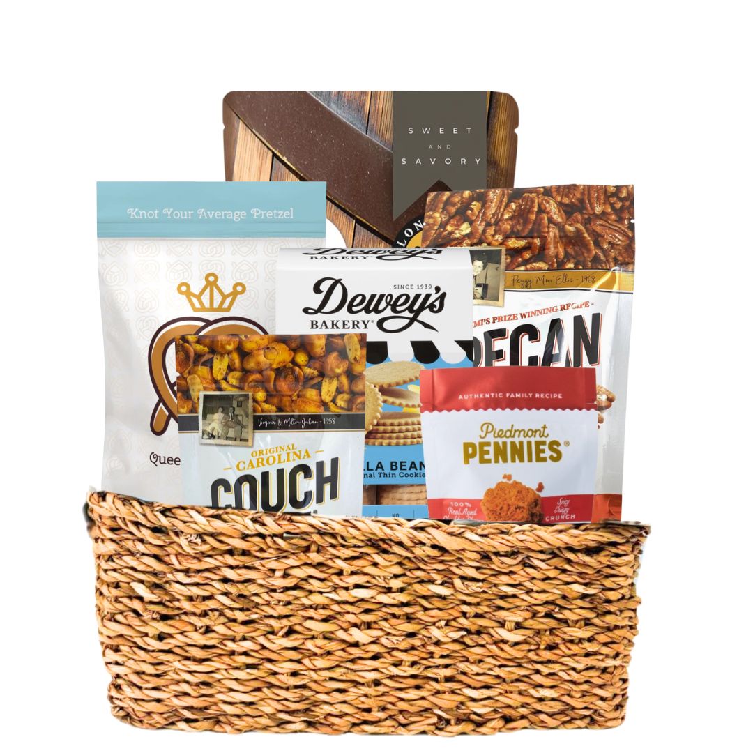 Carolina Crafted gift basket featuring locally made North Carolina treats, perfect for showcasing the best of North Carolina’s gourmet products.