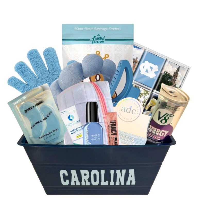 Carolina Girl self-care gift basket featuring UNC-themed items, perfect for female UNC students and alumni looking for relaxation and pampering.