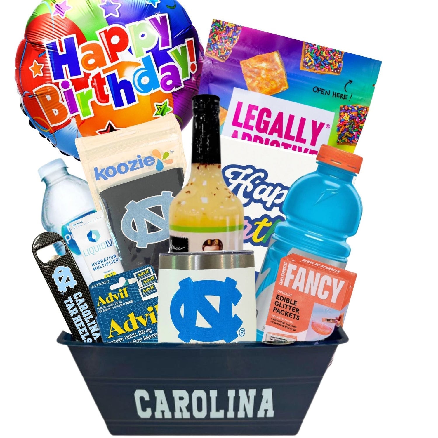 21st birthday UNC gift basket filled with UNC-branded items and celebratory treats, perfect for a Tar Heel's milestone birthday.
