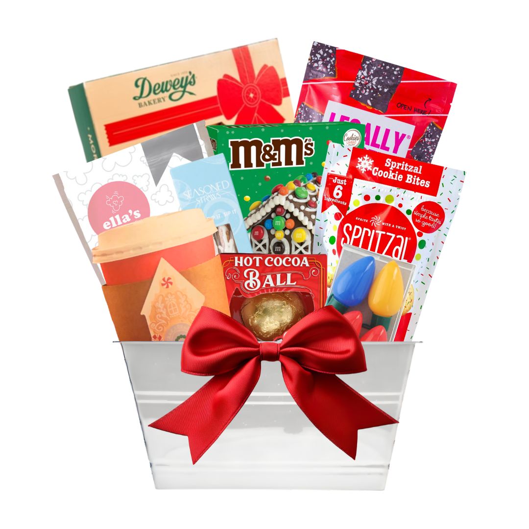 Christmas-themed holiday gift basket with UNC-branded items, festive treats, and holiday cheer, perfect for UNC students and alumni during the holiday season