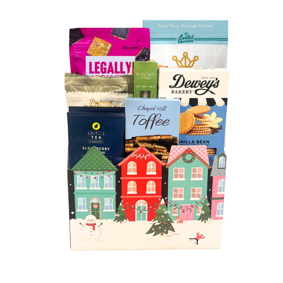 Holiday gourmet gift basket collection featuring North Carolina products that are locally made