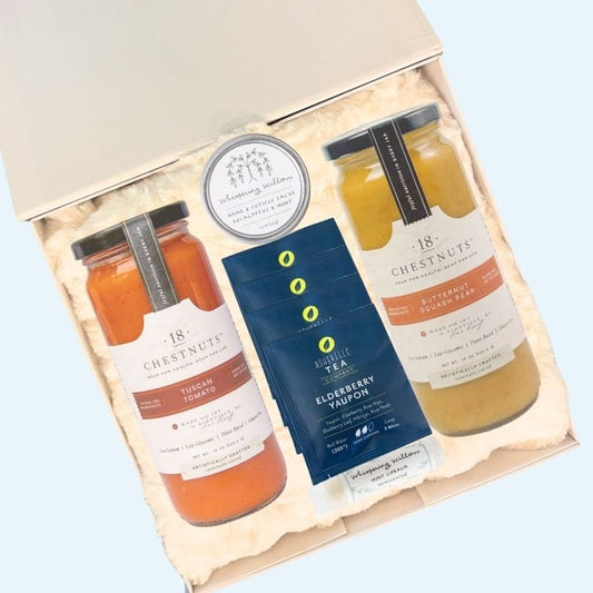 Comfort care gift basket with North Carolina soup, soft blanket, and sympathy gifts