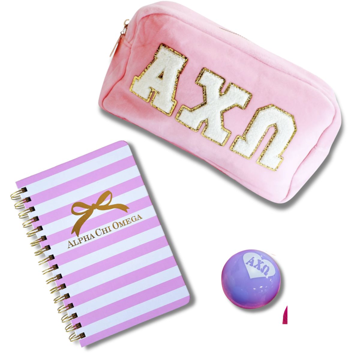 Pink cosmetic case with 'AXO' letters, striped notebook, and purple button with 'AXO' on a white background