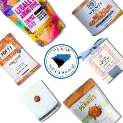 Four food product packages with a 'Made in North and South Carolina' badge on a white background. Festive birthday treats for people who love the south and North carolina