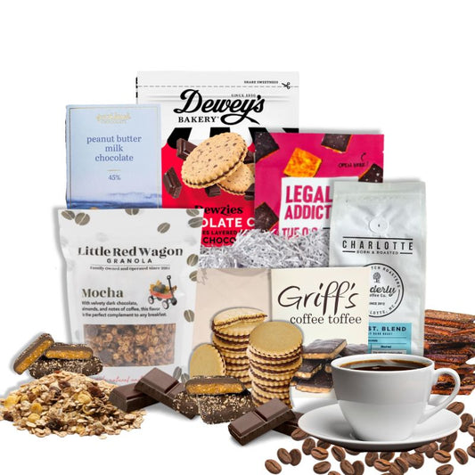 Luxury gift box full of North Carolina-made products with coffee and chocolate flavors. For the coffee and chocolate lover