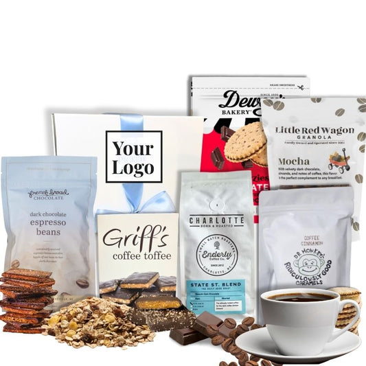 Display of coffee and chocolate flavored items contained in custom branded corporate gift box for clients and colleagues