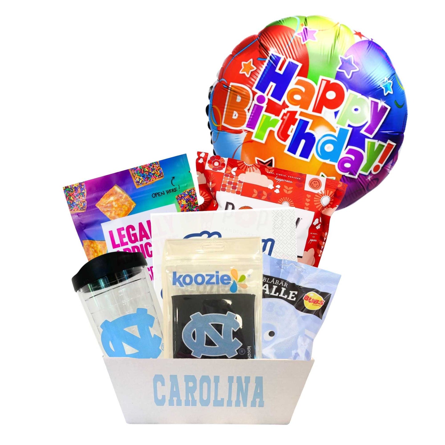 gift basket containing cookie cake, NC made Legally Addictive cookies, UNC stickers, UNC gummy candies, Carolina BBQ chips, and a UNC insulated cup to be delivered to UNC students at Chapel Hill.