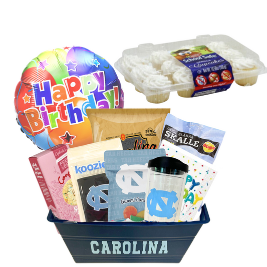 Nut-Free Tar Heel Birthday Surprise basket featuring 12 mini cupcakes, Cybele’s Confetti Cookies, UNC-themed treats, and festive birthday accessories