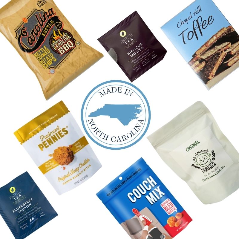 Assorted southern snack packages with a 'Made in North Carolina' logo in the center.