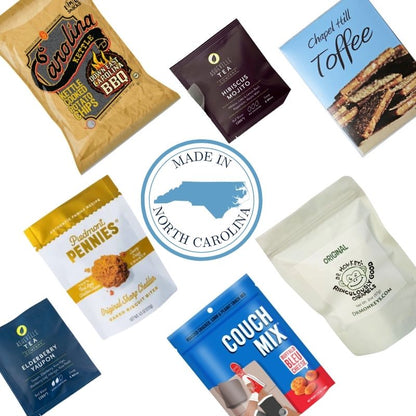 Assorted southern snack packages with a 'Made in North Carolina' logo in the center.