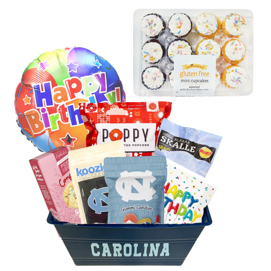 Birthday gift basket for UNC Chapel Hill students full of gluten free birthday treats, such as Ella's popcorn, Swedish Candy, UNC sour candies, Unc Koozie, and confetti cookies, as well as gluten free cupcakes.