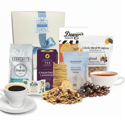 Display of gift box and its contents which are all made in North Carolina breakfast items