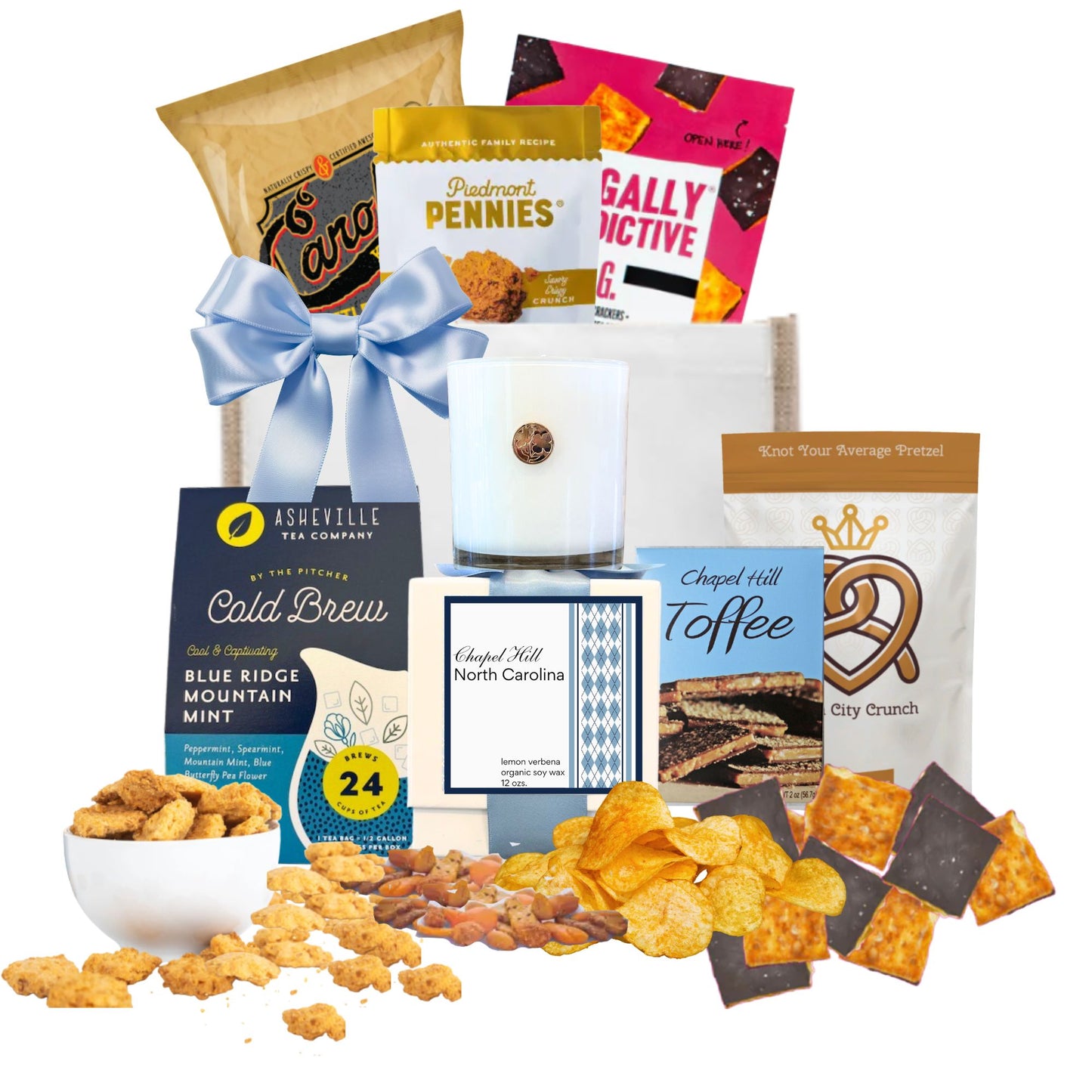Chapel Hill gift bag with North Carolina artisan treats and Chapel Hill keepsake candle