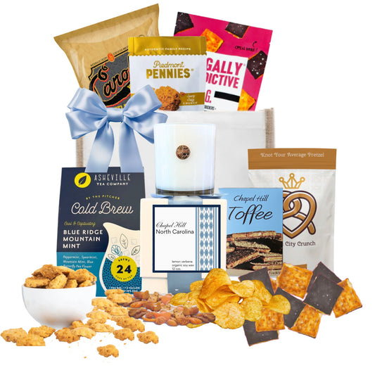 Chapel Hill gift bag with North Carolina artisan treats and Chapel Hill keepsake candle