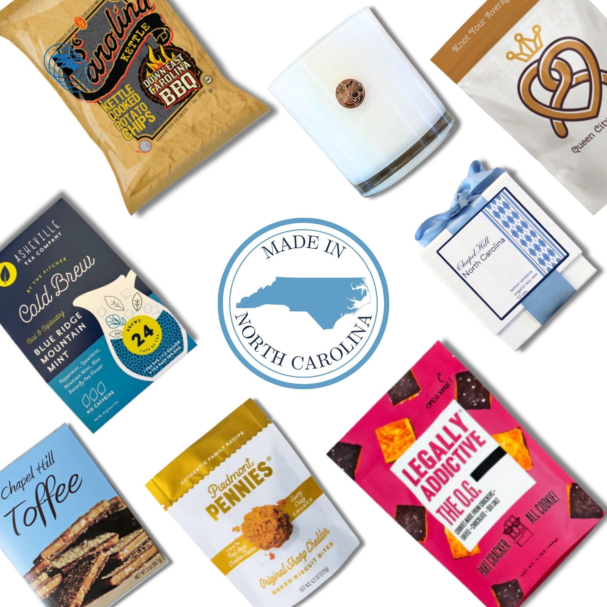 Chapel Hill gift bag contents with North Carolina gourmet snacks and dogwood candle.