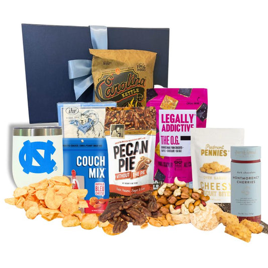 Gourmet UNC Chapel Hill gift containing UNC tumbler, ramses beverage napkins, Chapel Hill chocolate, and other gourmet food made in North Carolina