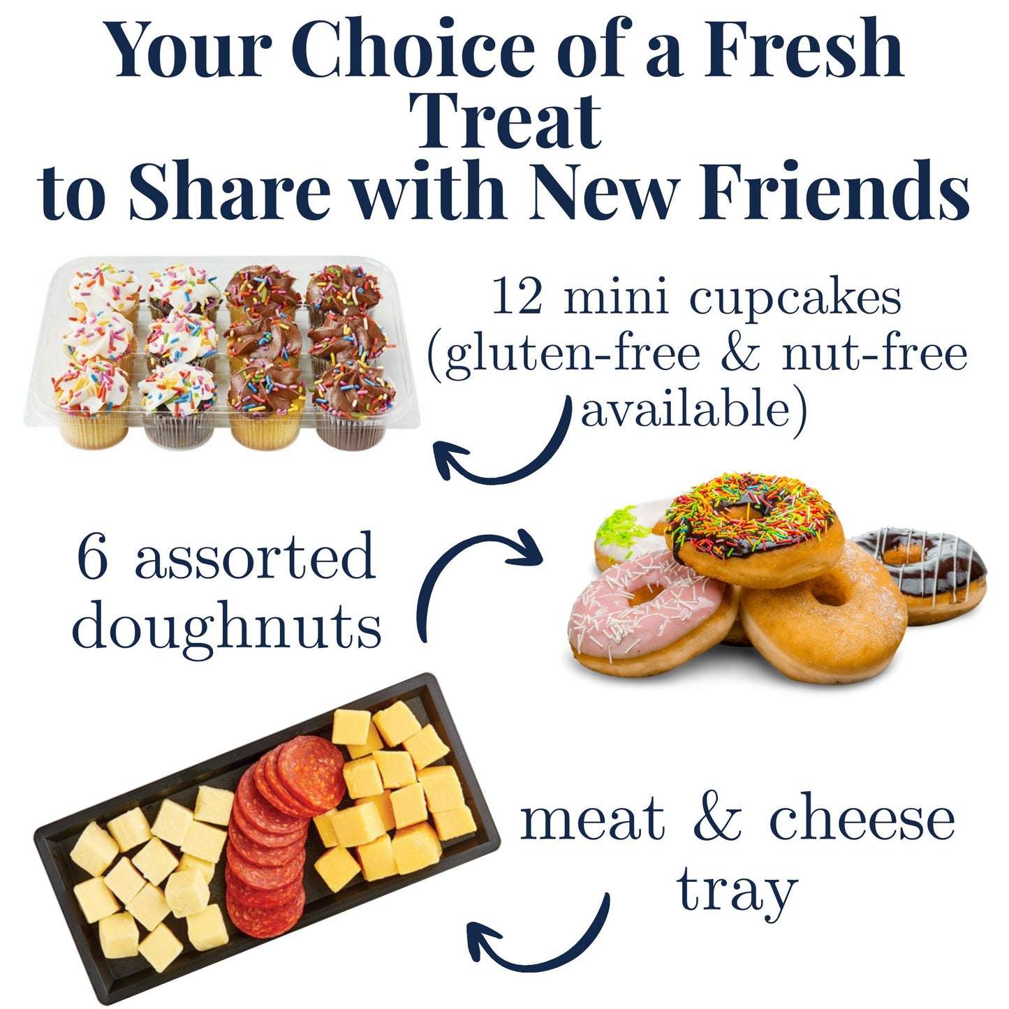Promotional image of assorted treats including mini cupcakes, doughnuts, and a meat and cheese tray.