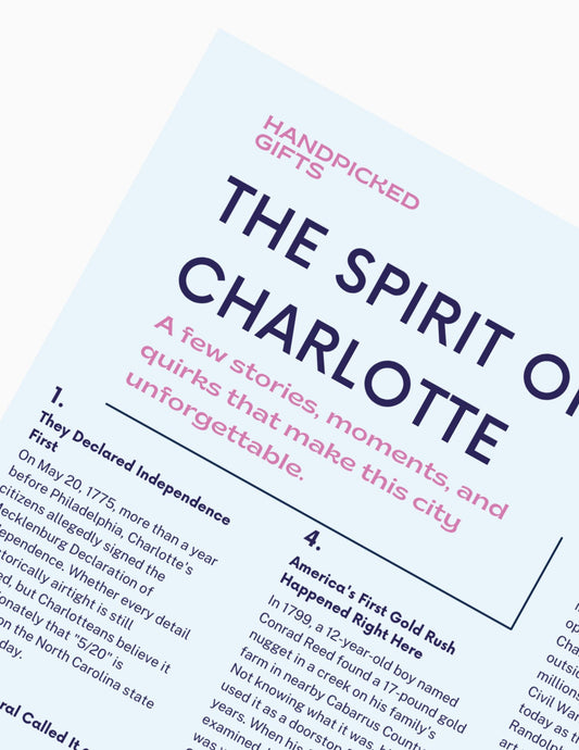 Sheet of paper titled 'The Spirit of Charlotte' with text about city stories and history to be included in business and event gifts
