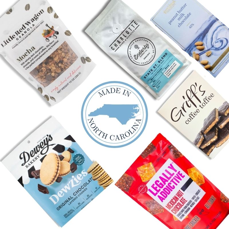 Flat lay of the NC Coffee & Chocolate Gift Box contents with a "Made in North Carolina" icon in the center, showcasing locally made sweets, coffee, and chocolate from NC artisans.