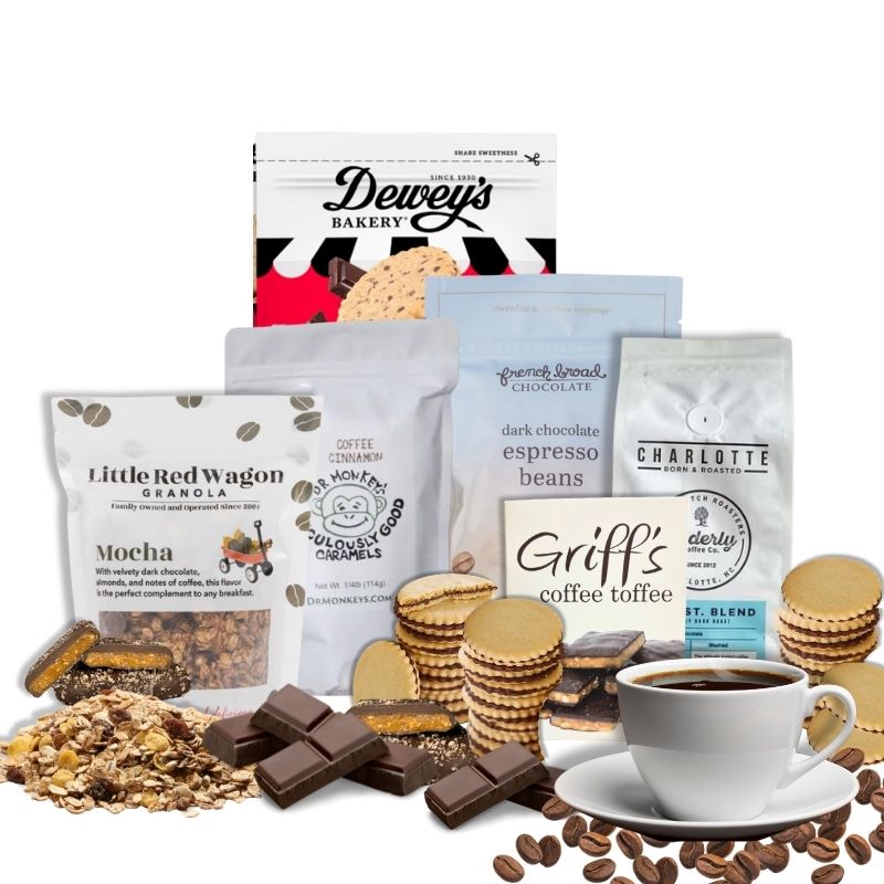 Luxury gift box full of North Carolina-made products with coffee and chocolate flavors. For the coffee and chocolate lover