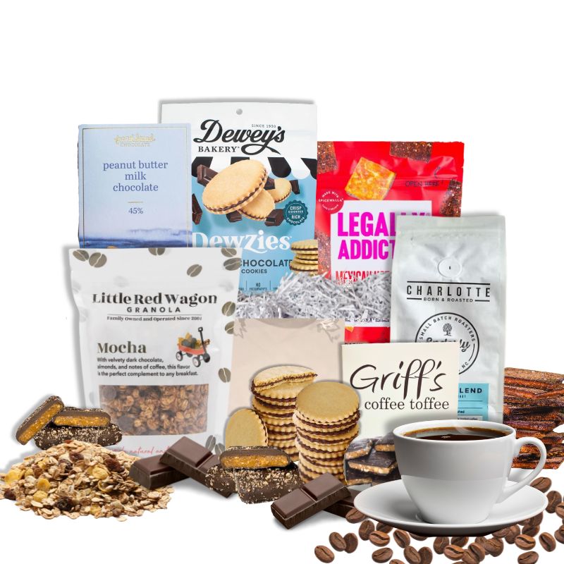 Luxury gift box full of North Carolina-made products with coffee and chocolate flavors. For the coffee and chocolate lover
