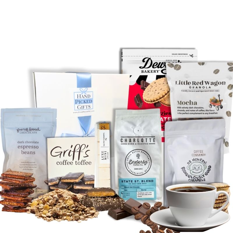 Gourmet gift box containing chocolate and coffee flavored foods which are made in North Carolina