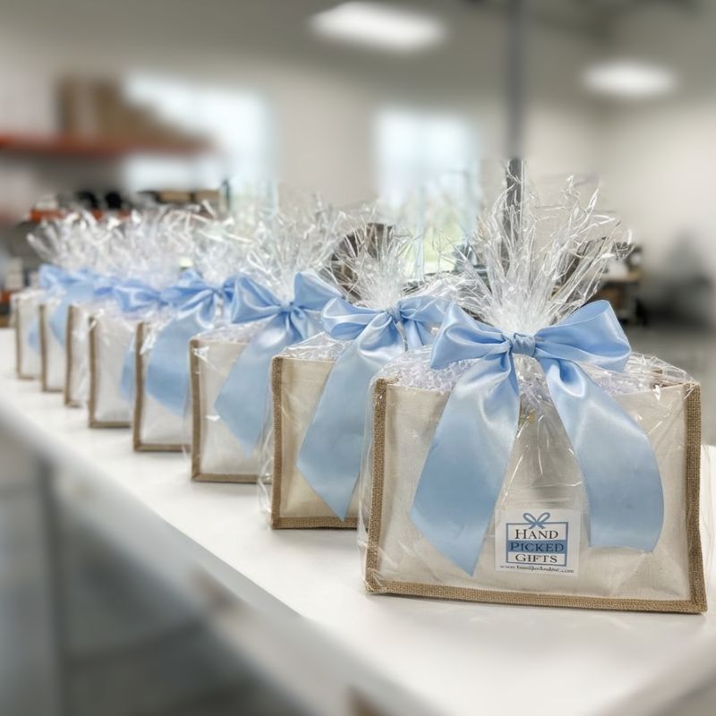 Cellophane-wrapped corporate welcome totes with blue ribbons ready for bulk client delivery