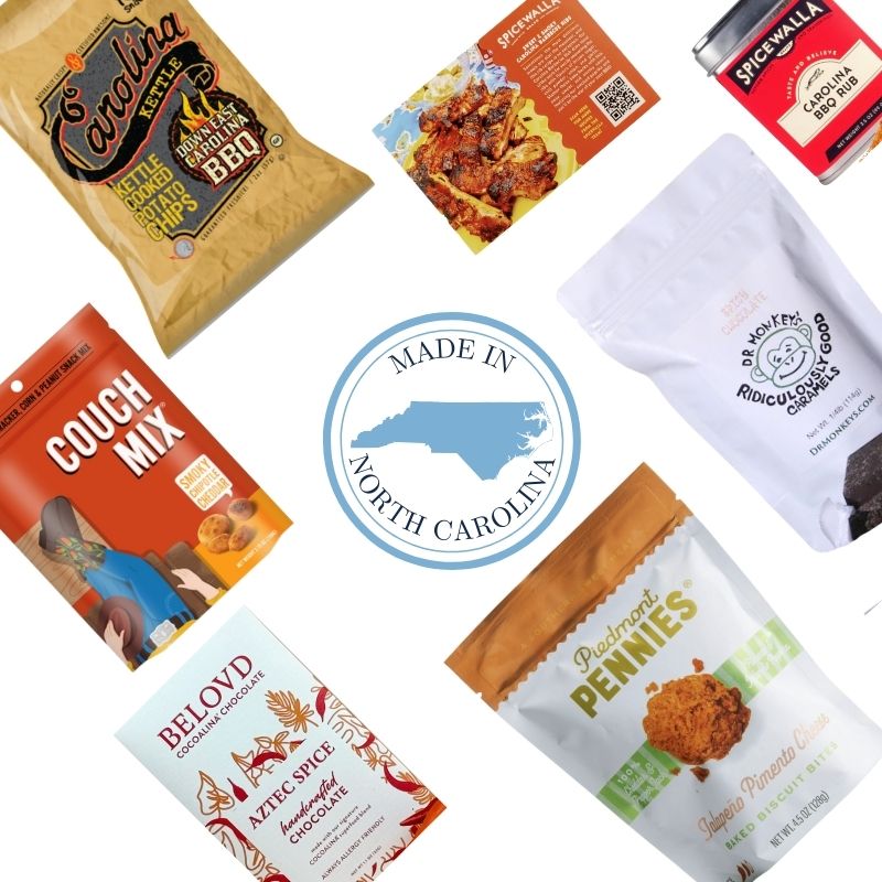 Collection of carolina artisan food products with a 'Made in North Carolina' logo in the center.
