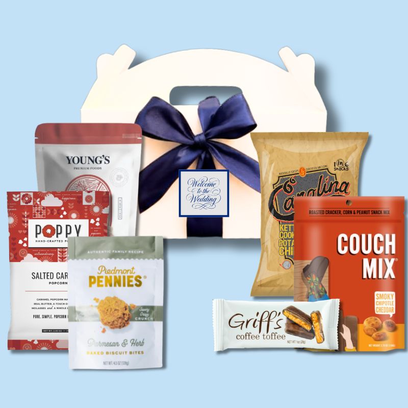 Custom monogram Carolina specialty goods wedding welcome box with personalized label and blue ribbon