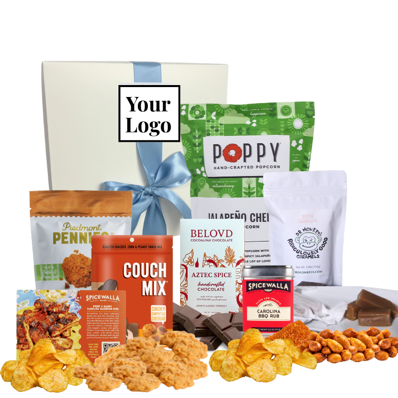 Display of North Carolina made spicy products in front of custom branded gift box to be sent to clients and colleagues.