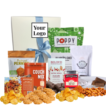 Display of North Carolina made spicy products in front of custom branded gift box to be sent to clients and colleagues.