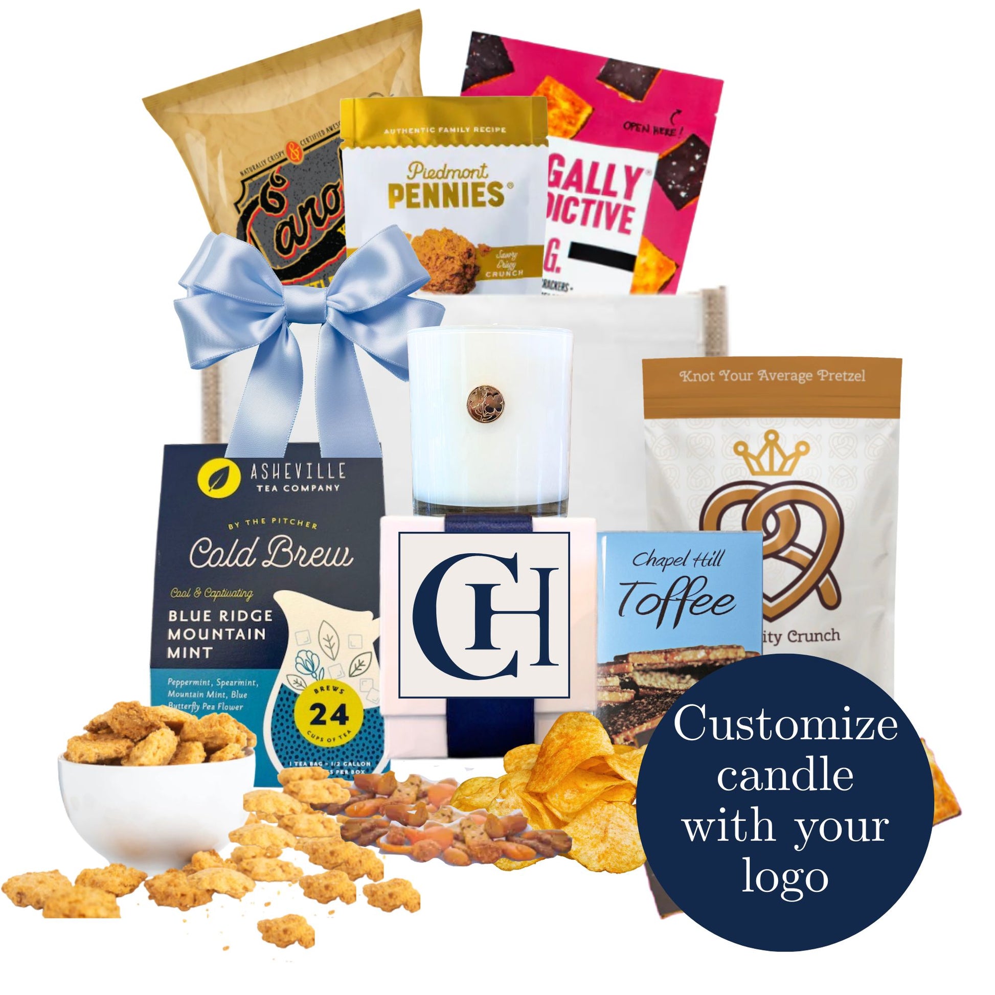 Custom branded corporate gift tote with North Carolina artisan products and personalized candle