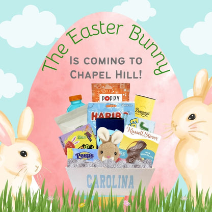Promotional graphic for 'The Easter Bunny is Coming to Chapel Hill' with Easter-themed products and bunnies.