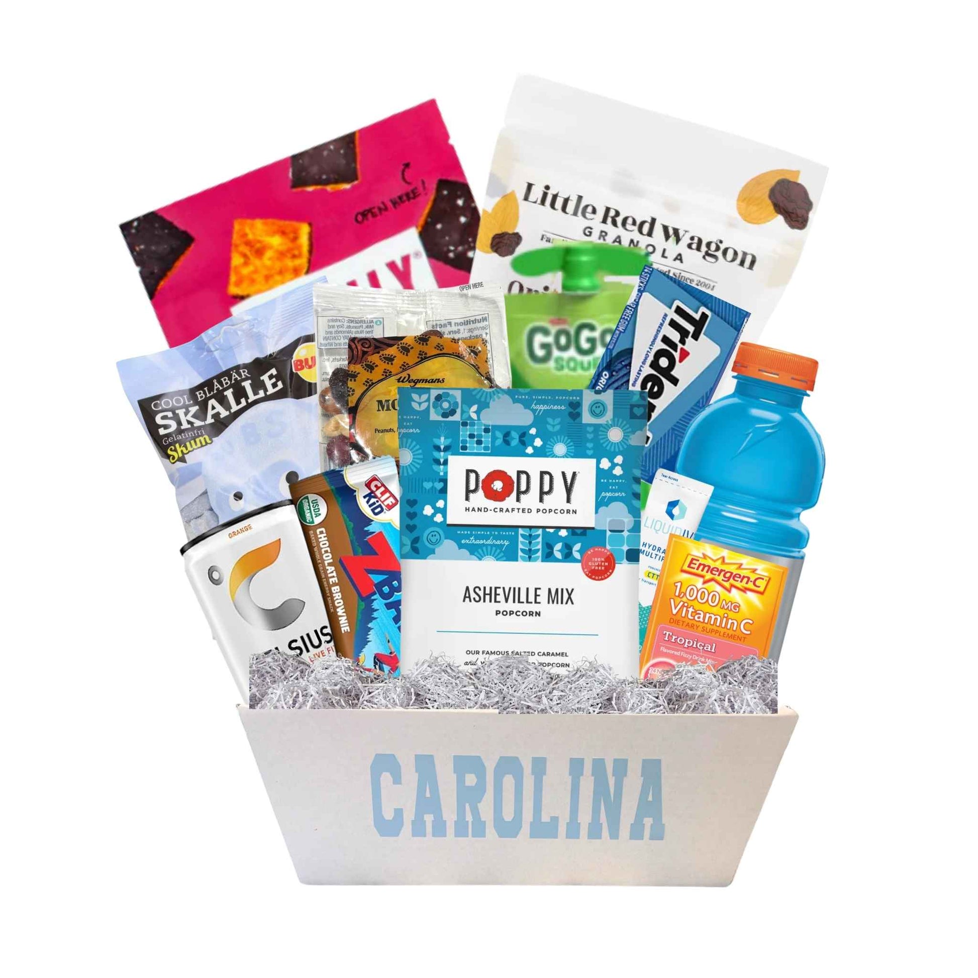 Carolina bucket full of exam study snacks and UNC licensed products. Contains made in North Carolina local foods such as Legally addictive cookies and Poppy's popcorn
