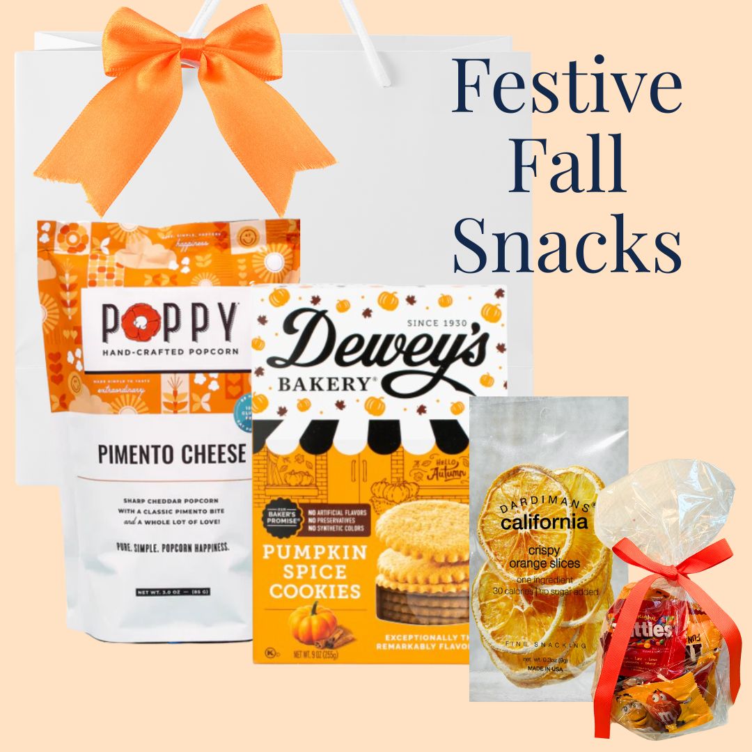 Collection of festive fall snacks with branded products on a peach background.