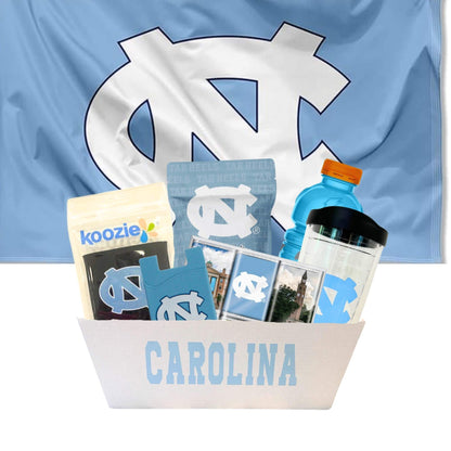 Gift basket for UNC chapel Hill boys and girls full of UNC branded products. Perfect for game day or UNC admission celebration